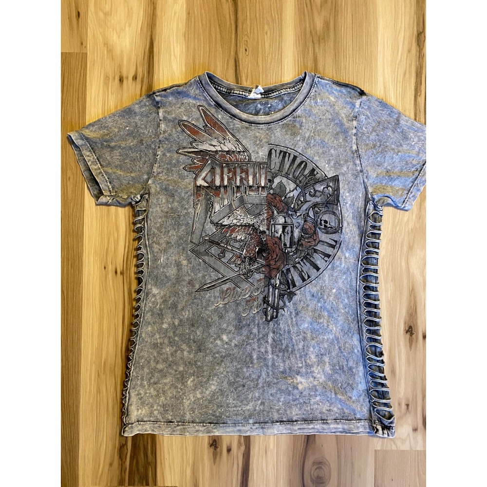 Affliction Live Fast Metal Graphic Tee Acid Wash Side Lattice Cut Out Gray L